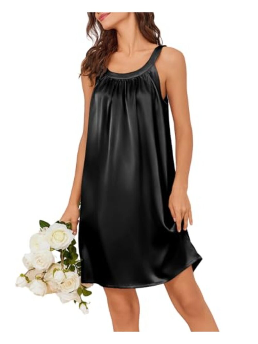 Silky Satin Sleeveless Pleated Tank Nightgown Sleepshirt for Women